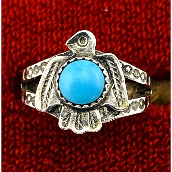 Bell Trading Post Thunderbird Ring Cigar Band Turquoise Cabochon Sz 4.75 Signed - Picture 1 of 12